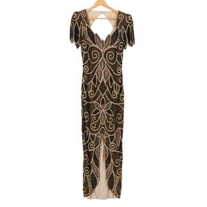 Niteline Della Roufogali Silk Beaded Gown Vintage 90s Size 6 Black Gold Art Deco